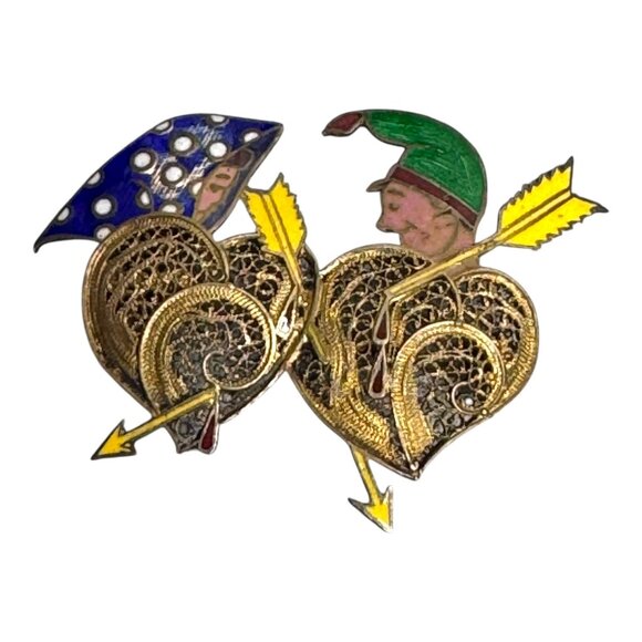 Vintage Topazio Portugal Gold Filigree Enamel Brooch Cupid Hearts Arrows RARE - Picture 1 of 5